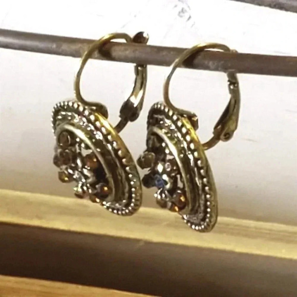 Antique Brass Orange Blue Rhinestone Art Nouveau Style Leverback Earrings - Picture 11 of 12